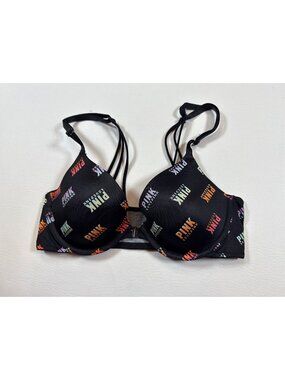Victorias Secret PINK 34B Wear Everywhere Love Pink Black Logo Print Bra (R601)